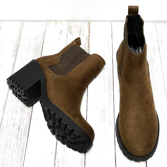 New Olive Forest Green Chelsea Elastic Platform Chunky Heel Ankle Boots Booties - Picture 4 of 4